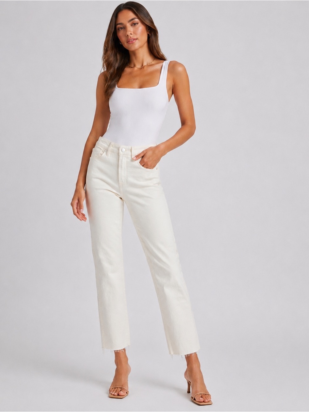 NWT Good American Good Legs Straight Jeans $158 MSRP Ecru 0/25